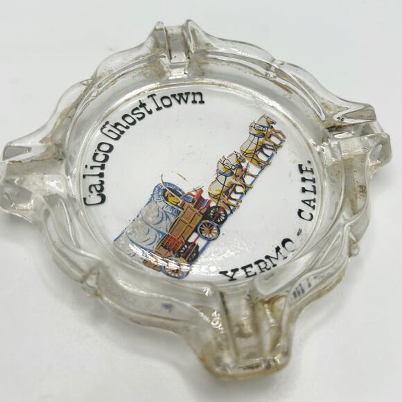 Rare VNTG Calico Ghost Town Mine Yermo California Clear Ashtray Cowboy Graphic - Picture 5 of 5